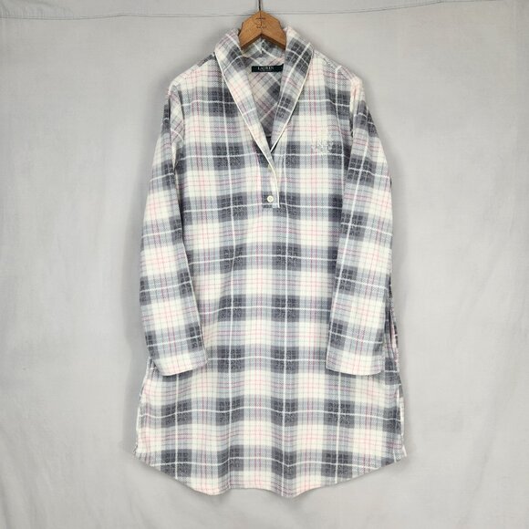 Lauren Ralph Lauren Night Shirt Women's M Plaid Gray Flannel Monogram Nightgown - Picture 1 of 6